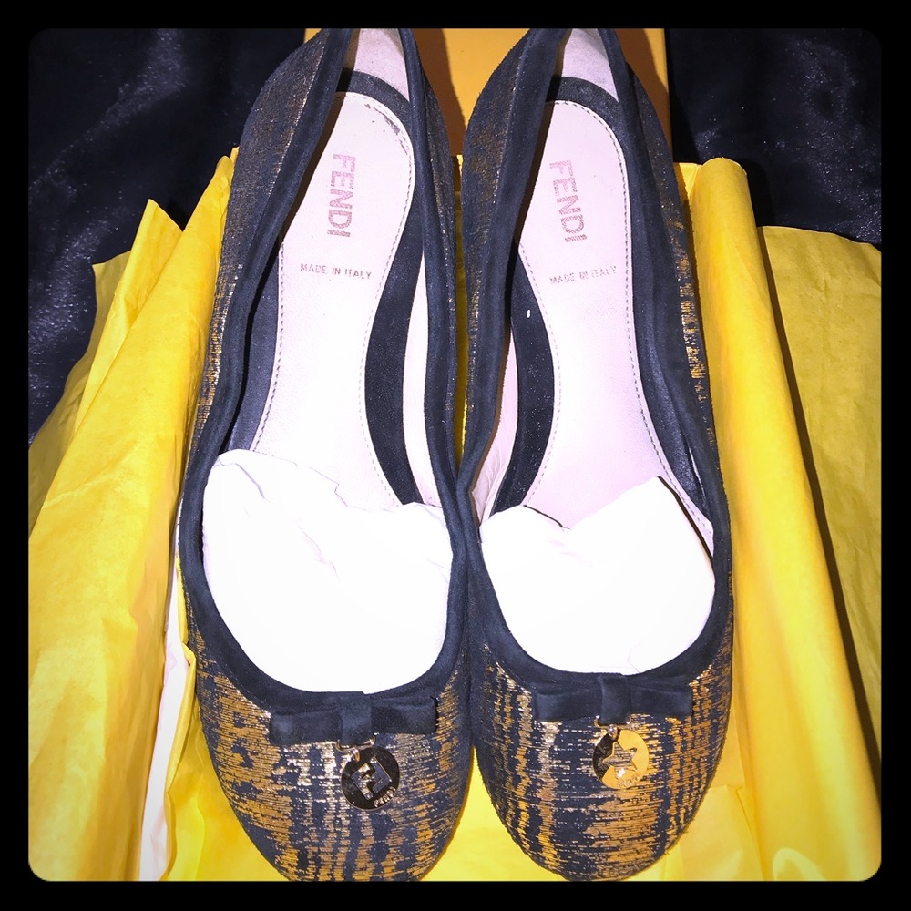 FENDI black and gold suede leather flats 37.5